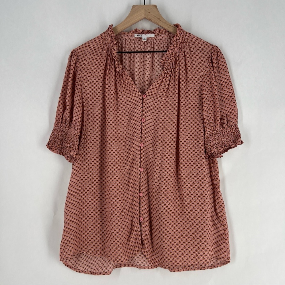 DR2 Womens Pink Geometric Floral Patterned Lightweight Woven Button Front Blouse